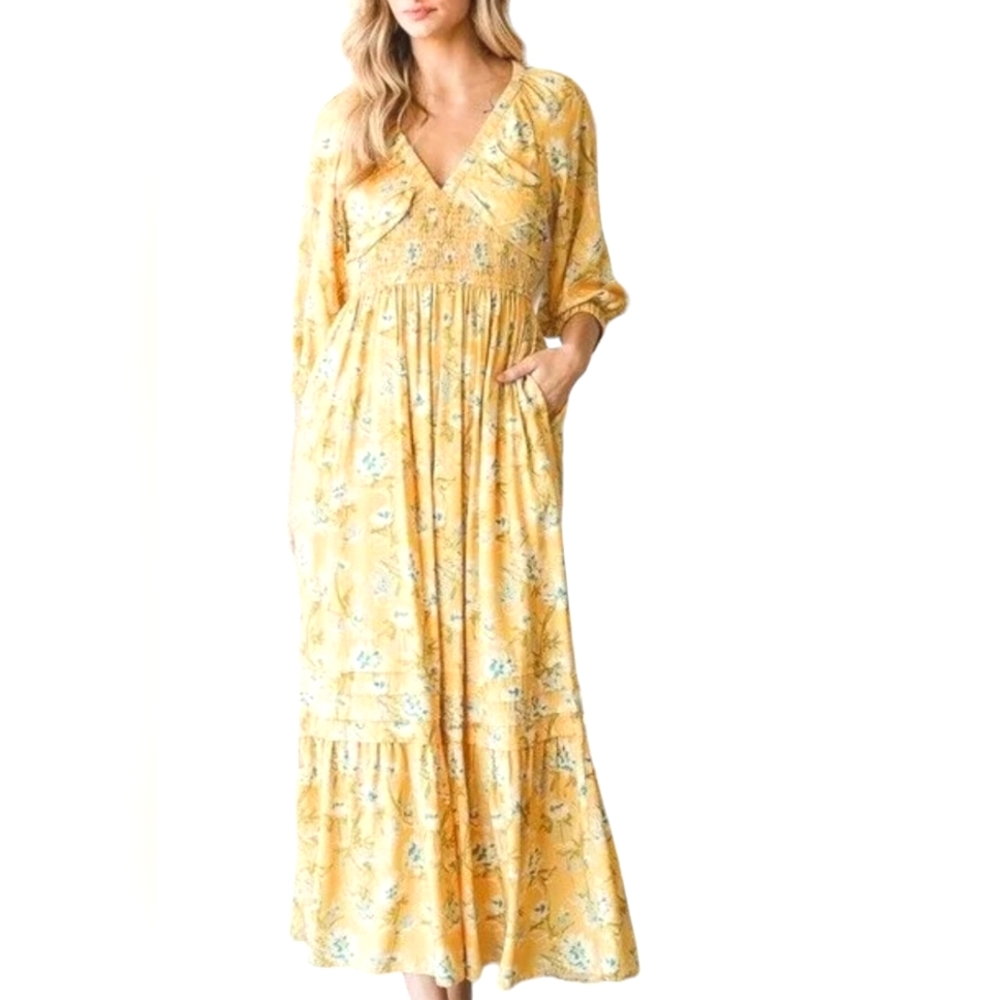 Heyson Floral Midi Dress Size 3XL Yellow Smocked Boho Ruffle Maxi w/ Pockets NEW